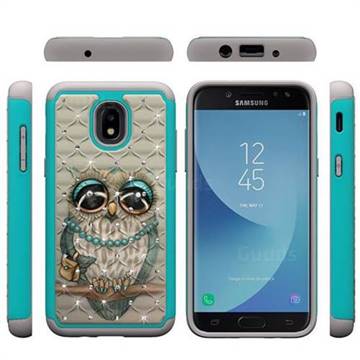 Sweet Gray Owl Studded Rhinestone Bling Diamond Shock Absorbing Hybrid Defender Rugged Phone Case Cover for Samsung Galaxy J3 (2018)