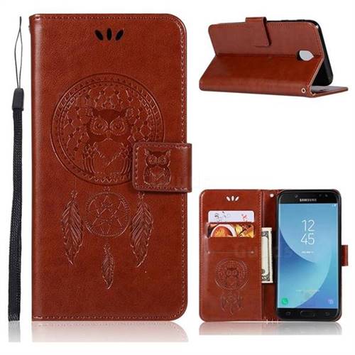 Intricate Embossing Owl Campanula Leather Wallet Case for Samsung Galaxy J3 (2018) - Brown
