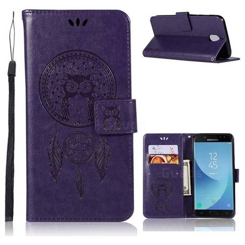 Intricate Embossing Owl Campanula Leather Wallet Case for Samsung Galaxy J3 (2018) - Purple