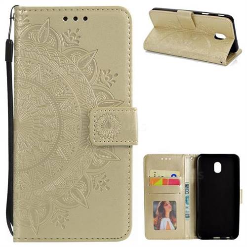 Intricate Embossing Datura Leather Wallet Case for Samsung Galaxy J3 (2018) - Golden
