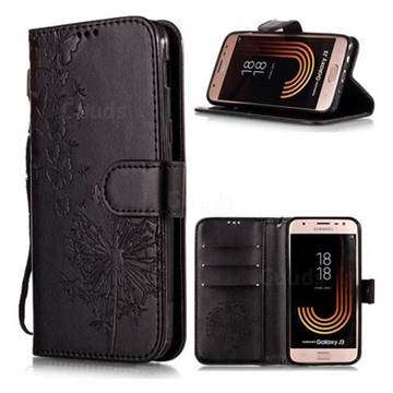 Intricate Embossing Dandelion Butterfly Leather Wallet Case for Samsung Galaxy J3 (2018) - Black