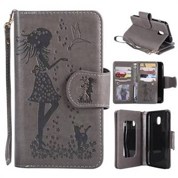 Embossing Cat Girl 9 Card Leather Wallet Case for Samsung Galaxy J3 (2018) - Gray