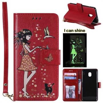 Luminous Flower Girl Cat Leather Wallet Case for Samsung Galaxy J3 (2018) - Red