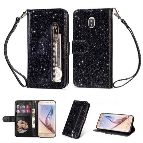 Glitter Shine Leather Zipper Wallet Phone Case for Samsung Galaxy J3 (2018) - Black