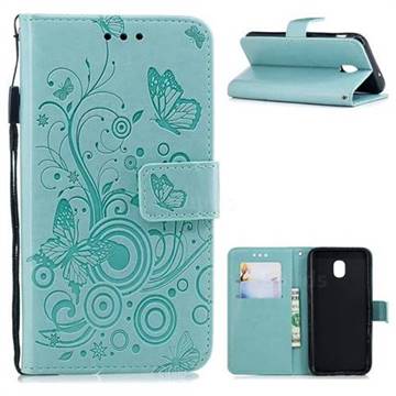 Intricate Embossing Butterfly Circle Leather Wallet Case for Samsung Galaxy J3 (2018) - Cyan