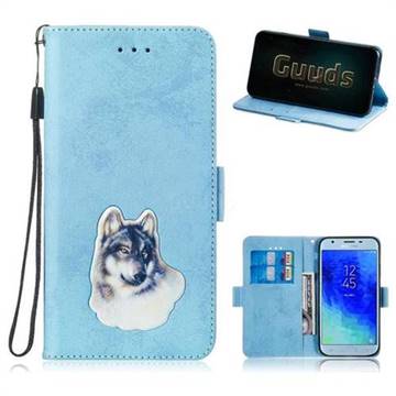 Retro Leather Phone Wallet Case with Aluminum Alloy Patch for Samsung Galaxy J3 (2018) - Light Blue