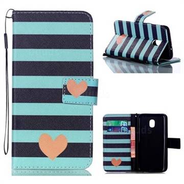 Blue Stripe Heart Leather Wallet Phone Case for Samsung Galaxy J3 (2018)