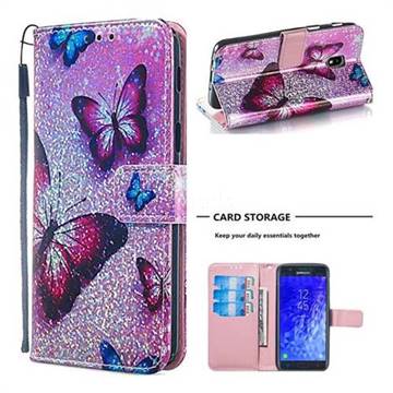 Blue Butterfly Sequins Painted Leather Wallet Case for Samsung Galaxy J3 (2018)