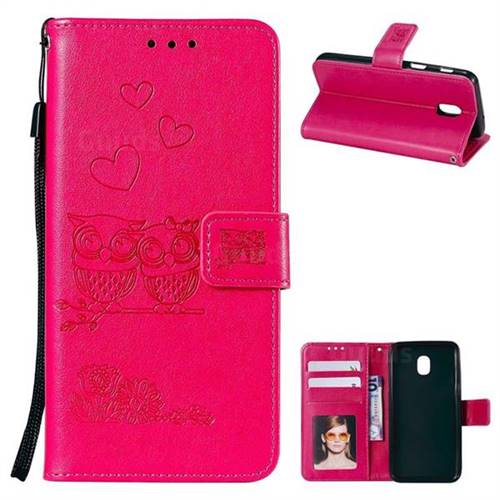 Embossing Owl Couple Flower Leather Wallet Case for Samsung Galaxy J3 (2018) - Red