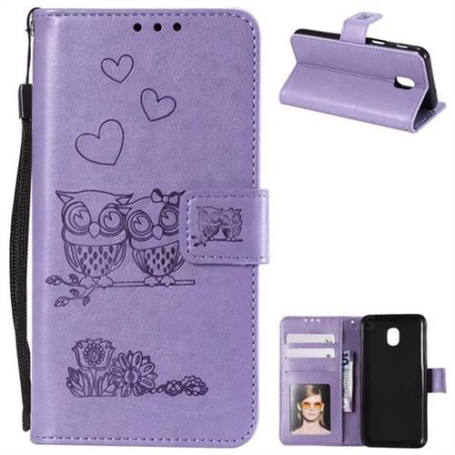 Embossing Owl Couple Flower Leather Wallet Case for Samsung Galaxy J3 (2018) - Purple