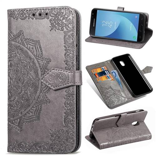 Embossing Imprint Mandala Flower Leather Wallet Case for Samsung Galaxy J3 (2018) - Gray