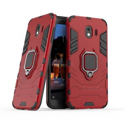 Black Panther Armor Metal Ring Grip Shockproof Dual Layer Rugged Hard Cover for Samsung Galaxy J4 (2018) SM-J400F - Red