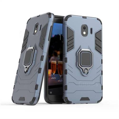 Black Panther Armor Metal Ring Grip Shockproof Dual Layer Rugged Hard Cover for Samsung Galaxy J4 (2018) SM-J400F - Blue