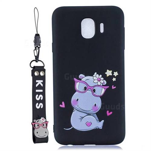 Black Flower Hippo Soft Kiss Candy Hand Strap Silicone Case for Samsung Galaxy J4 (2018) SM-J400F
