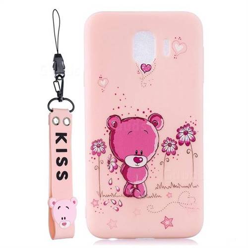 Pink Flower Bear Soft Kiss Candy Hand Strap Silicone Case for Samsung Galaxy J4 (2018) SM-J400F