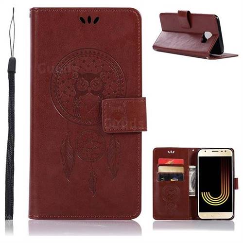 Intricate Embossing Owl Campanula Leather Wallet Case for Samsung Galaxy J4 (2018) SM-J400F - Brown