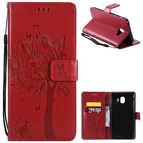 Embossing Butterfly Tree Leather Wallet Case for Samsung Galaxy J4 (2018) SM-J400F - Red