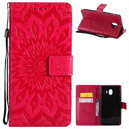 Embossing Sunflower Leather Wallet Case for Samsung Galaxy J4 (2018) SM-J400F - Red