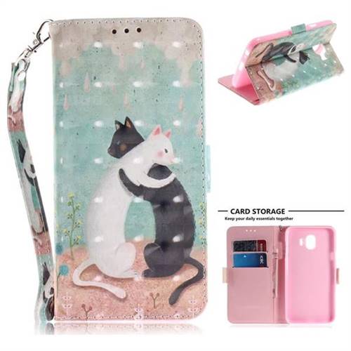 Black and White Cat 3D Painted Leather Wallet Phone Case for Samsung Galaxy J4 (2018) SM-J400F
