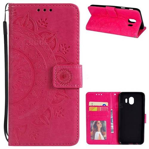 Intricate Embossing Datura Leather Wallet Case for Samsung Galaxy J4 (2018) SM-J400F - Rose Red