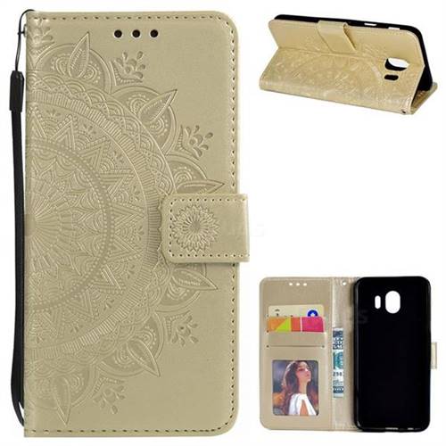Intricate Embossing Datura Leather Wallet Case for Samsung Galaxy J4 (2018) SM-J400F - Golden