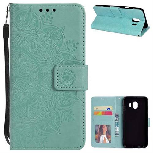 Intricate Embossing Datura Leather Wallet Case for Samsung Galaxy J4 (2018) SM-J400F - Mint Green