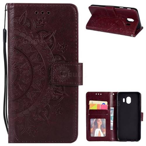 Intricate Embossing Datura Leather Wallet Case for Samsung Galaxy J4 (2018) SM-J400F - Brown
