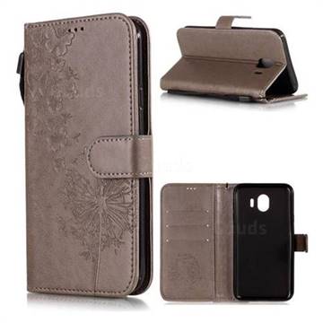 Intricate Embossing Dandelion Butterfly Leather Wallet Case for Samsung Galaxy J4 (2018) SM-J400F - Gray