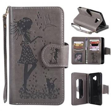 Embossing Cat Girl 9 Card Leather Wallet Case for Samsung Galaxy J4 (2018) SM-J400F - Gray