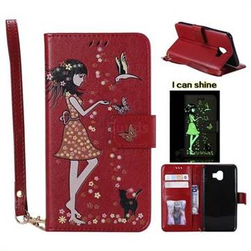 Luminous Flower Girl Cat Leather Wallet Case for Samsung Galaxy J4 (2018) SM-J400F - Red