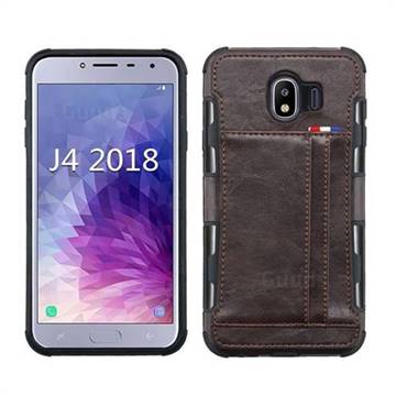 Luxury Shatter-resistant Leather Coated Card Phone Case for Samsung Galaxy J4 (2018) SM-J400F - Coffee