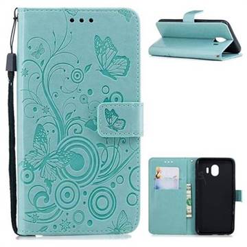 Intricate Embossing Butterfly Circle Leather Wallet Case for Samsung Galaxy J4 (2018) SM-J400F - Cyan