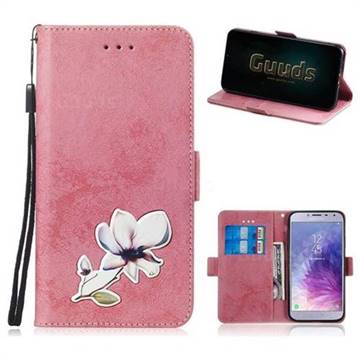 Retro Leather Phone Wallet Case with Aluminum Alloy Patch for Samsung Galaxy J4 (2018) SM-J400F - Pink