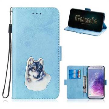 Retro Leather Phone Wallet Case with Aluminum Alloy Patch for Samsung Galaxy J4 (2018) SM-J400F - Light Blue