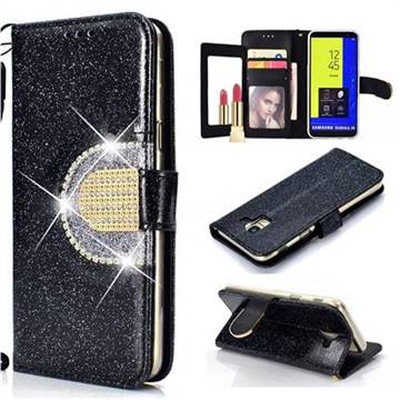 Glitter Diamond Buckle Splice Mirror Leather Wallet Phone Case for Samsung Galaxy J4 (2018) SM-J400F - Black
