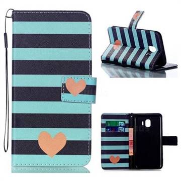 Blue Stripe Heart Leather Wallet Phone Case for Samsung Galaxy J4 (2018) SM-J400F