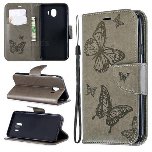 Embossing Double Butterfly Leather Wallet Case for Samsung Galaxy J4 (2018) SM-J400F - Gray
