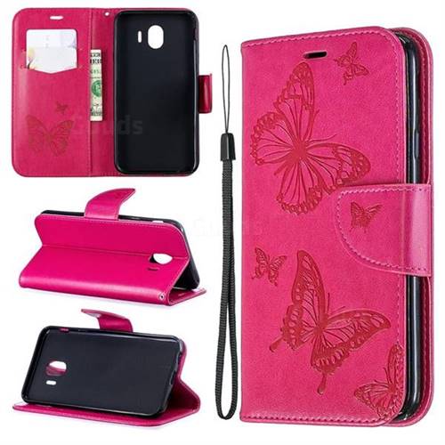 Embossing Double Butterfly Leather Wallet Case for Samsung Galaxy J4 (2018) SM-J400F - Red