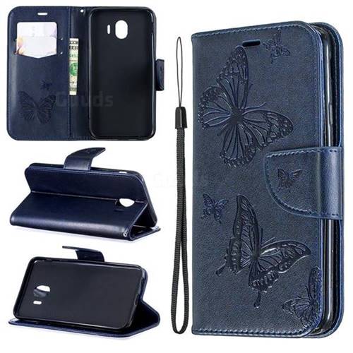 Embossing Double Butterfly Leather Wallet Case for Samsung Galaxy J4 (2018) SM-J400F - Dark Blue
