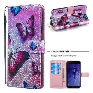 Blue Butterfly Sequins Painted Leather Wallet Case for Samsung Galaxy J4 (2018) SM-J400F