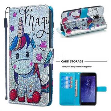 Star Unicorn Sequins Painted Leather Wallet Case for Samsung Galaxy J4 (2018) SM-J400F
