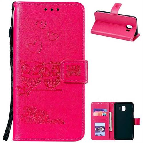 Embossing Owl Couple Flower Leather Wallet Case for Samsung Galaxy J4 (2018) SM-J400F - Red