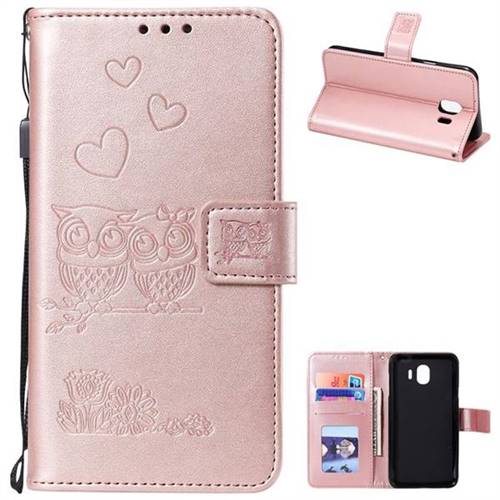 Embossing Owl Couple Flower Leather Wallet Case for Samsung Galaxy J4 (2018) SM-J400F - Rose Gold