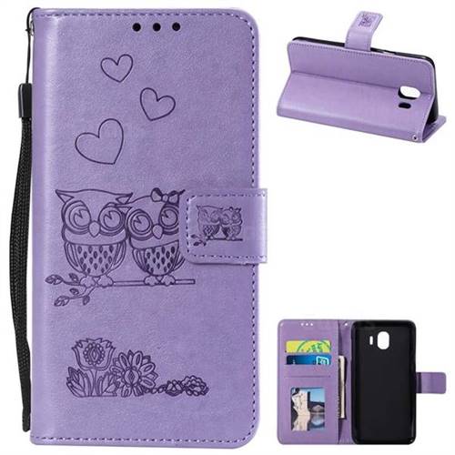 Embossing Owl Couple Flower Leather Wallet Case for Samsung Galaxy J4 (2018) SM-J400F - Purple