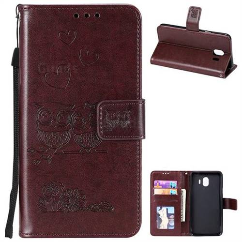 Embossing Owl Couple Flower Leather Wallet Case for Samsung Galaxy J4 (2018) SM-J400F - Brown