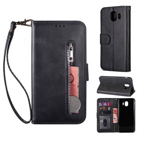 Retro Calfskin Zipper Leather Wallet Case Cover for Samsung Galaxy J4 (2018) SM-J400F - Black