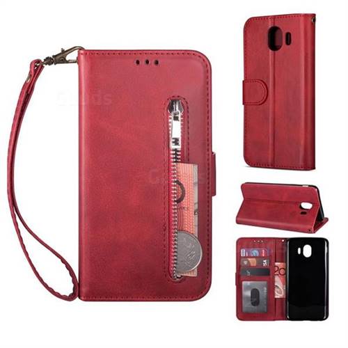 Retro Calfskin Zipper Leather Wallet Case Cover for Samsung Galaxy J4 (2018) SM-J400F - Red