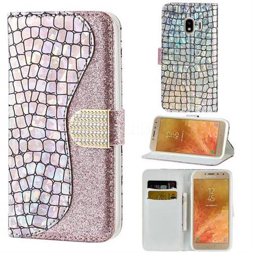 Glitter Diamond Buckle Laser Stitching Leather Wallet Phone Case for Samsung Galaxy J4 (2018) SM-J400F - Pink