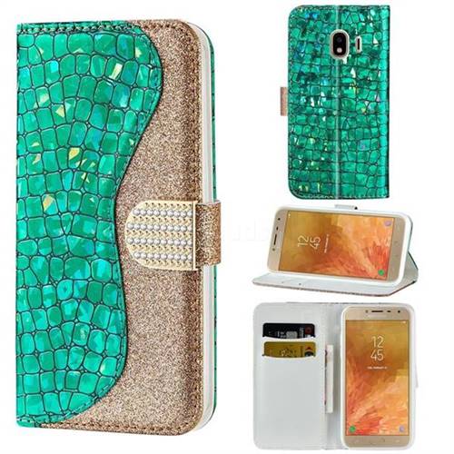 Glitter Diamond Buckle Laser Stitching Leather Wallet Phone Case for Samsung Galaxy J4 (2018) SM-J400F - Green