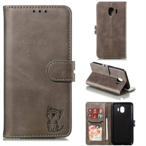 Embossing Happy Cat Leather Wallet Case for Samsung Galaxy J4 (2018) SM-J400F - Gray